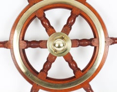 Antique Brass Set Six Spoke Elm and Brass Ships Wheel, 19th Century