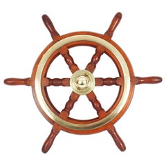 Antique Brass Set Six Spoke Elm and Brass Ships Wheel, 19th Century