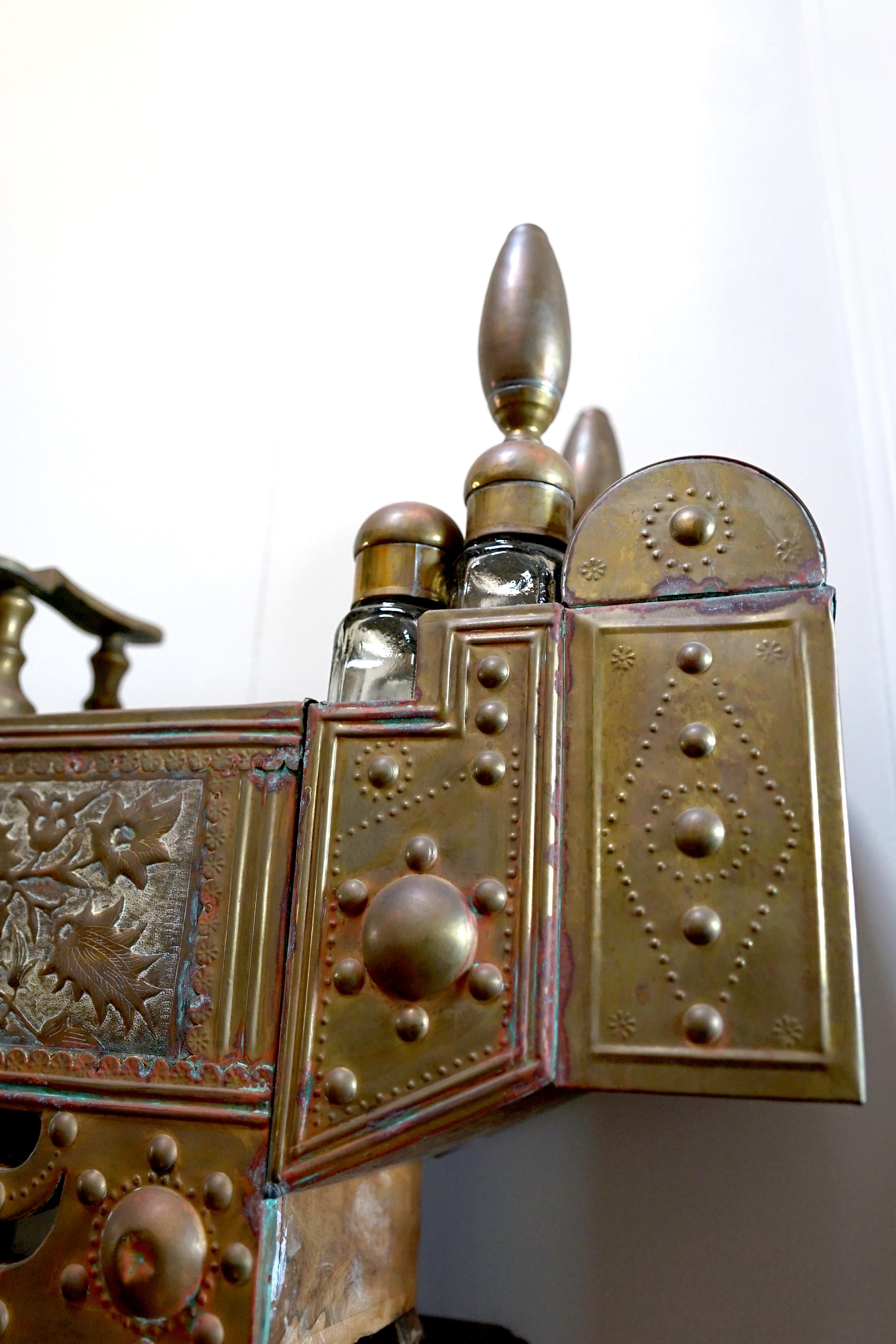 Carved Antique Brass Shoe Shine Stand from Turkey with Accessories for stand For Sale