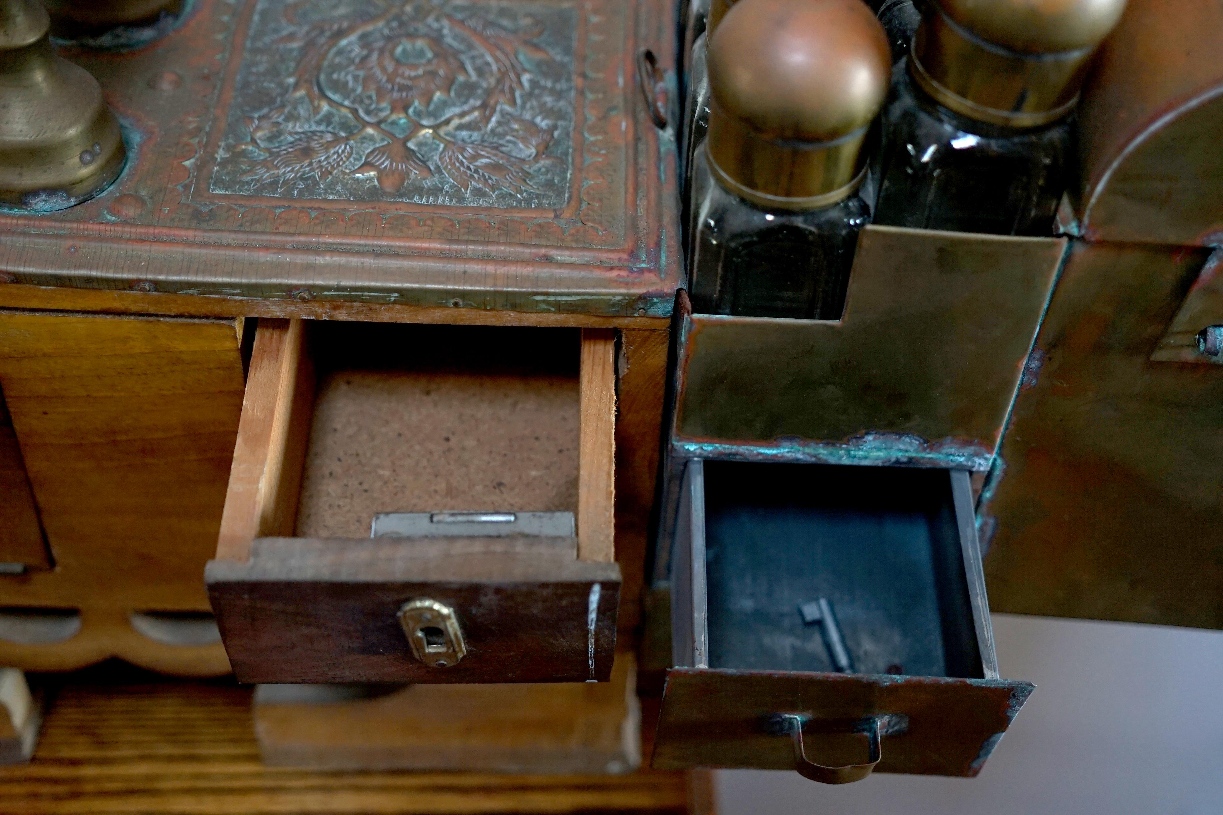 18th Century and Earlier Antique Brass Shoe Shine Stand from Turkey with Accessories for stand For Sale