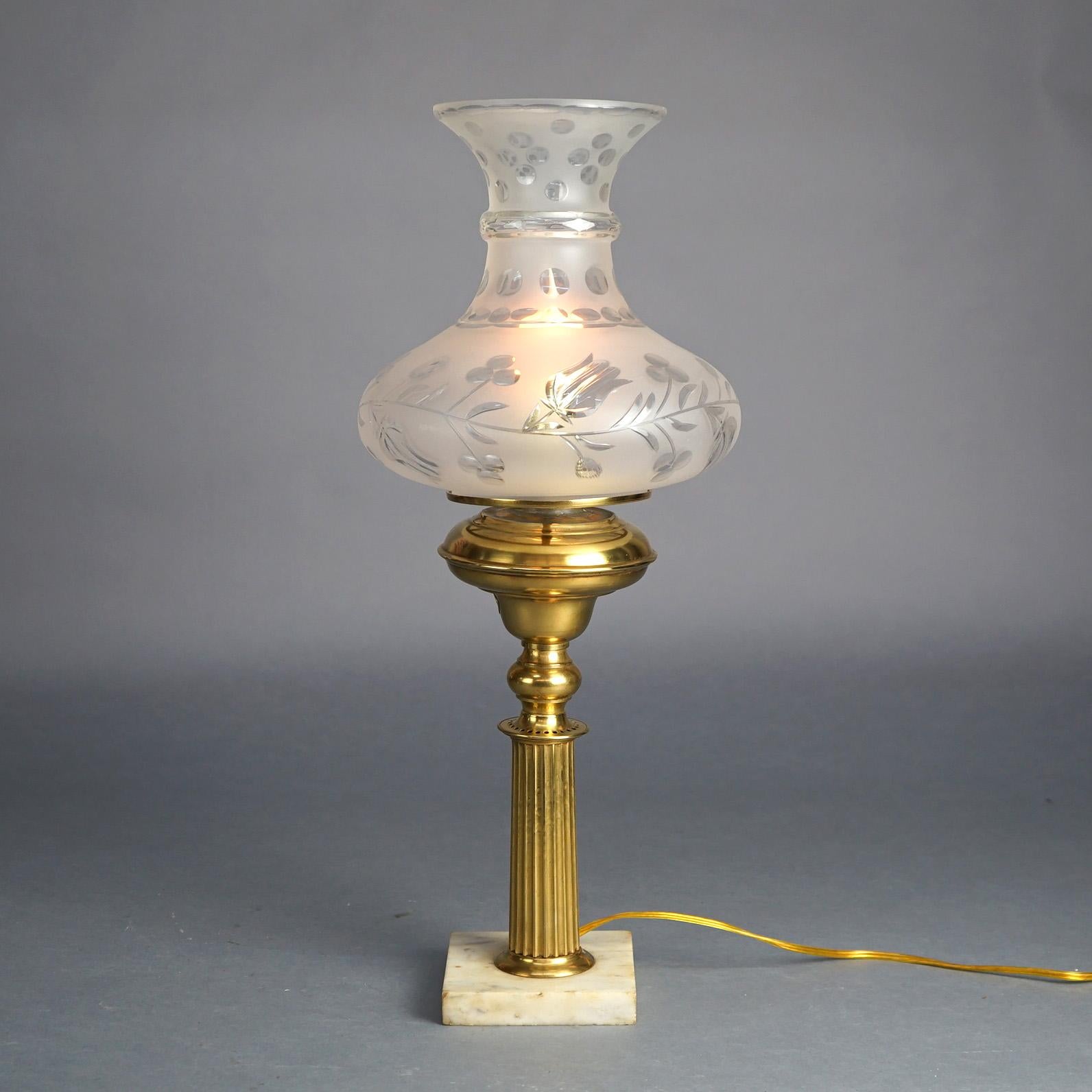 Antique Fluted Brass Solar Lamp with Tam-O-Shanter Floral Cut Glass Shade & Marble Base C1840

Measures- 23.5''H x 9.5''W x 9.5''D