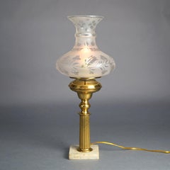 Antique Brass Solar Lamp with Tam-O-Shanter Cut Glass Shade & Marble Base C1840