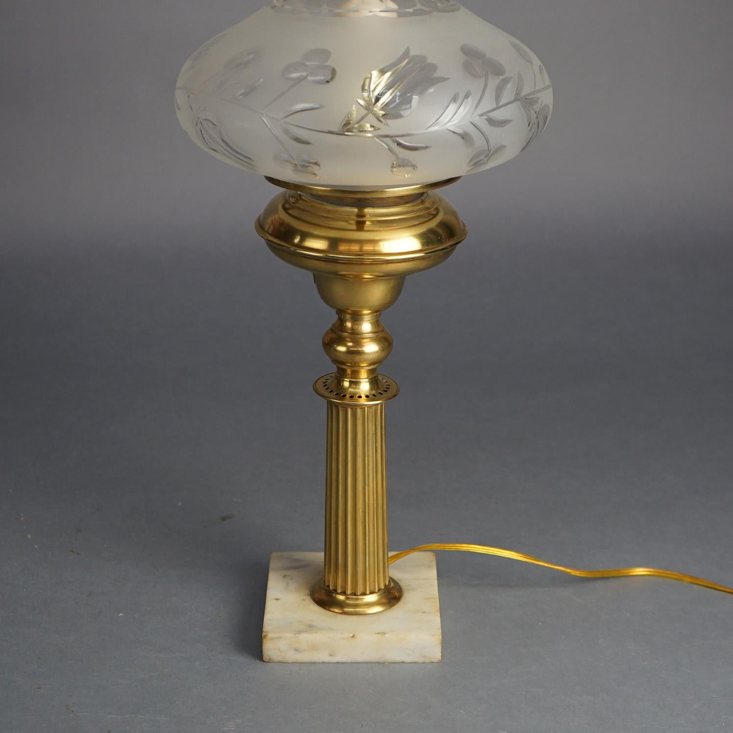 Antique Brass Solar Lamp with Tam-O-Shanter Cut Glass Shade & Marble Base C1840 In Good Condition For Sale In Big Flats, NY