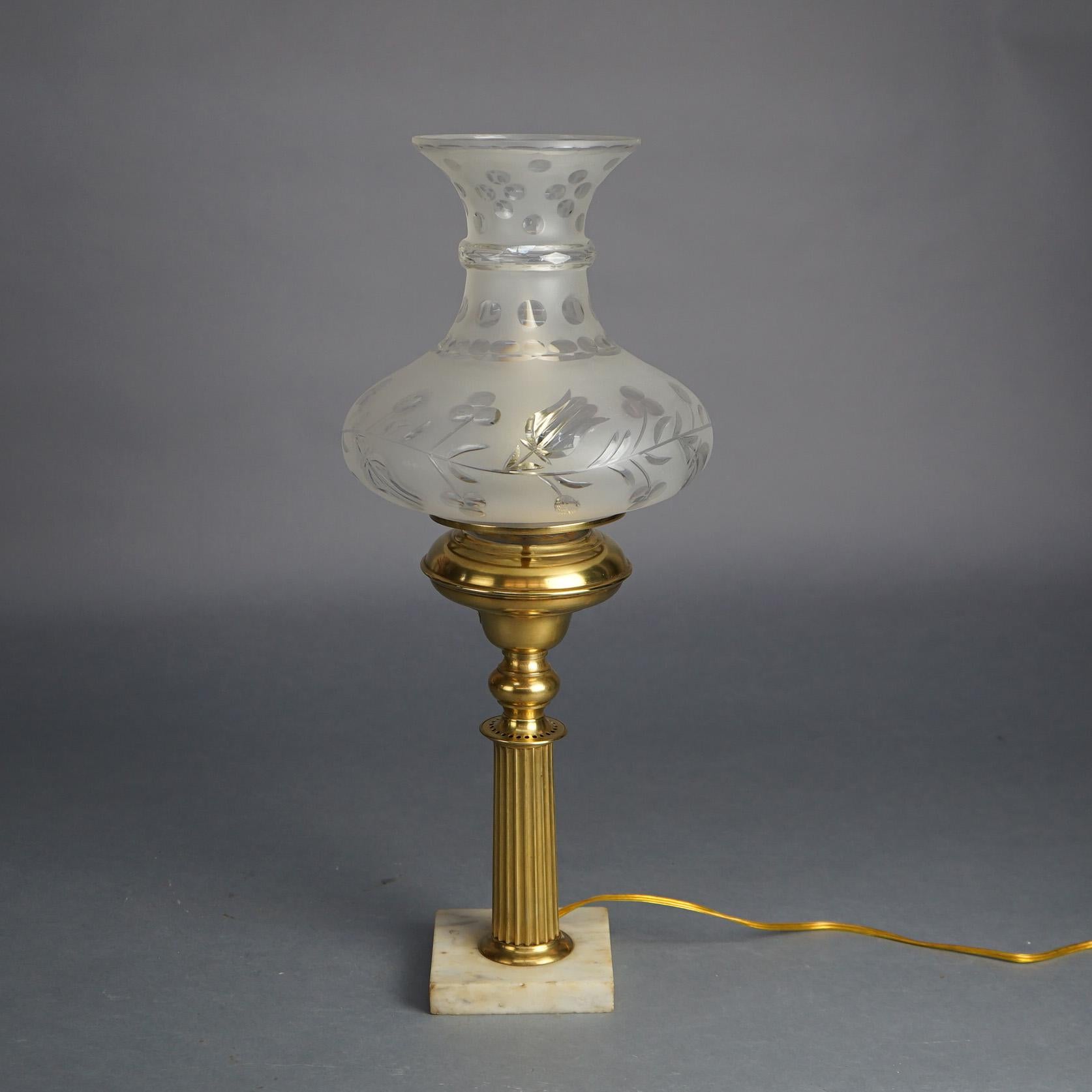 19th Century Antique Brass Solar Lamp with Tam-O-Shanter Cut Glass Shade & Marble Base C1840 For Sale
