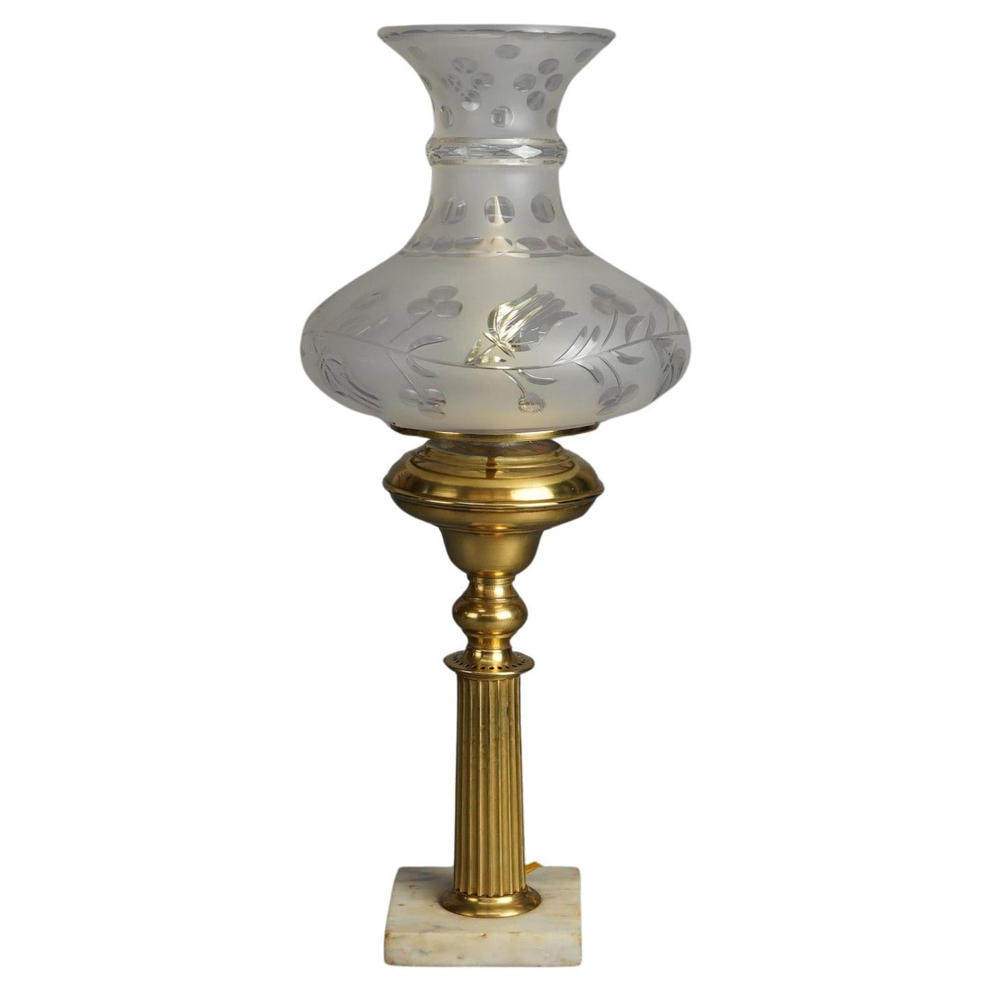 Antique Brass Solar Lamp with Tam-O-Shanter Cut Glass Shade & Marble Base C1840 For Sale