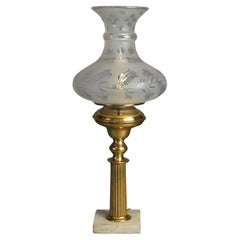 Antique Brass Solar Lamp with Tam-O-Shanter Cut Glass Shade & Marble Base C1840