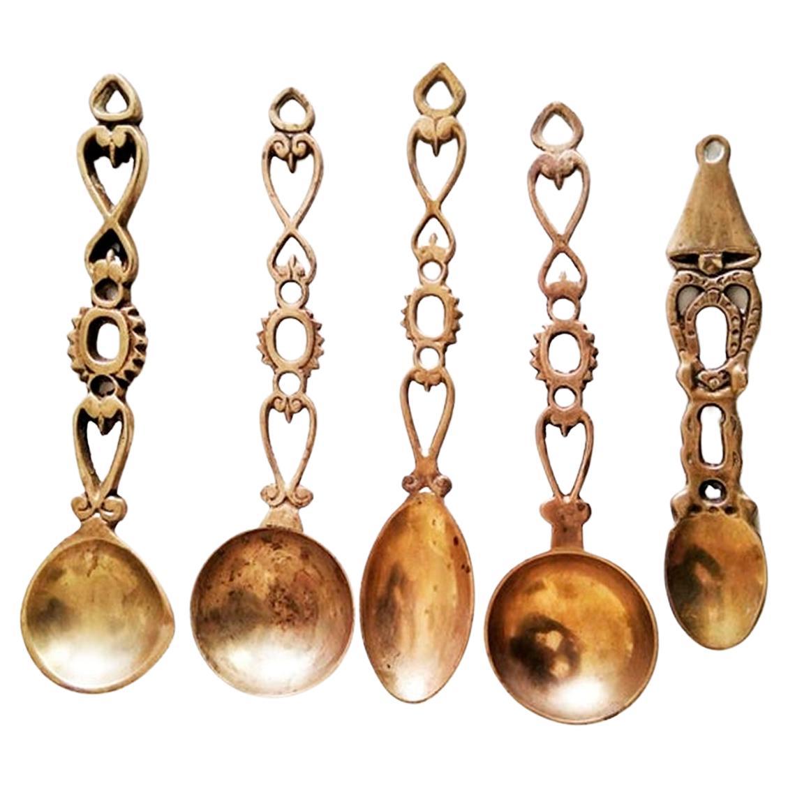 Antique Brass Spoons Wall Kitcken Decoration Spoain 19th Century For Sale