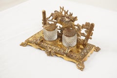 Antique Brass Stag & Hunting Hounds Double Inkwell, Scotland, 1890