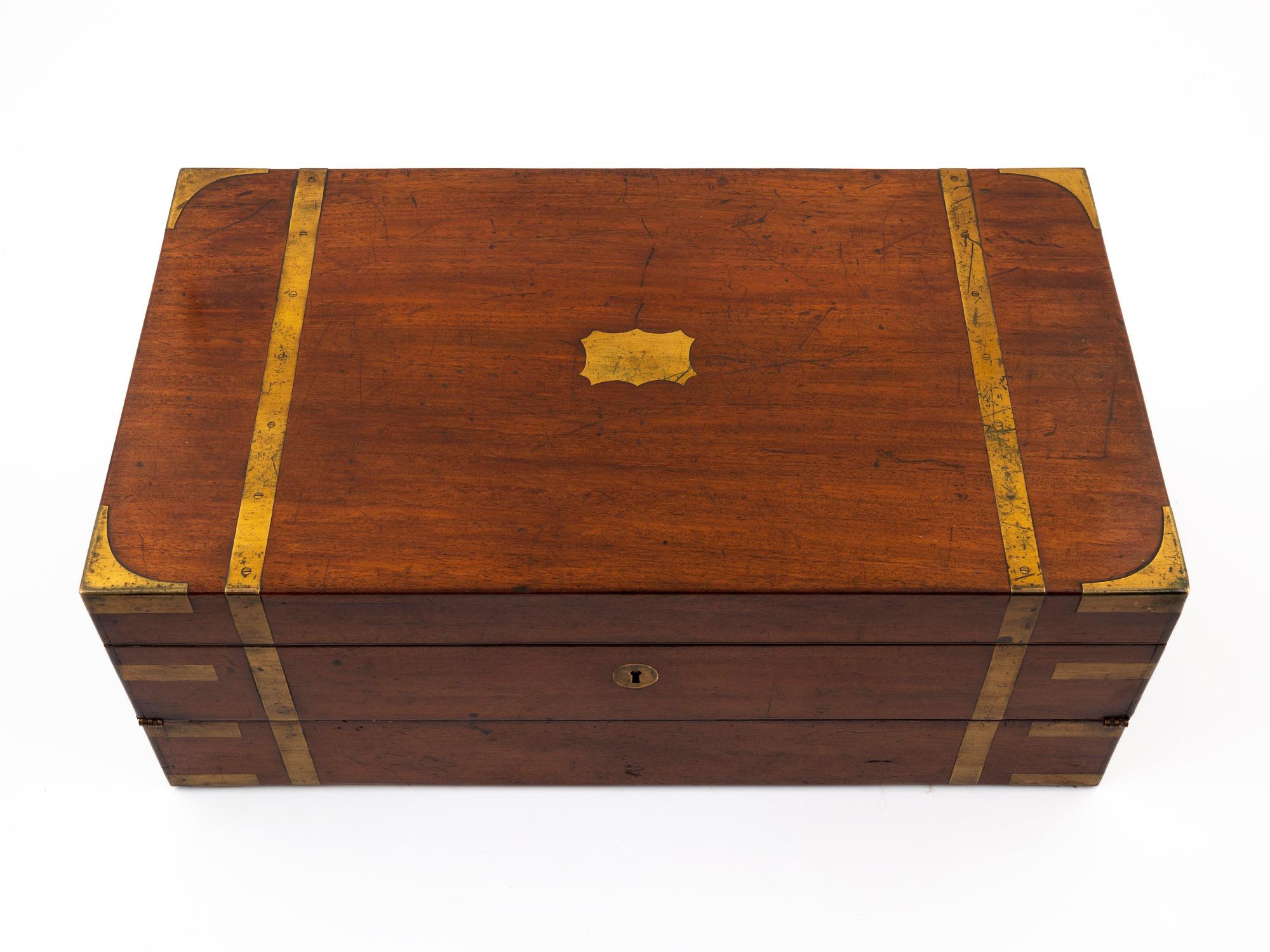 British Antique Brass Strapped Mahogany Writing Box For Sale
