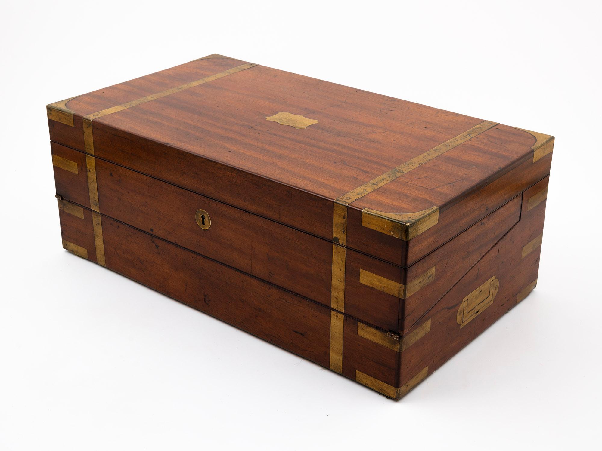 Antique Brass Strapped Mahogany Writing Box In Good Condition For Sale In Northampton, GB