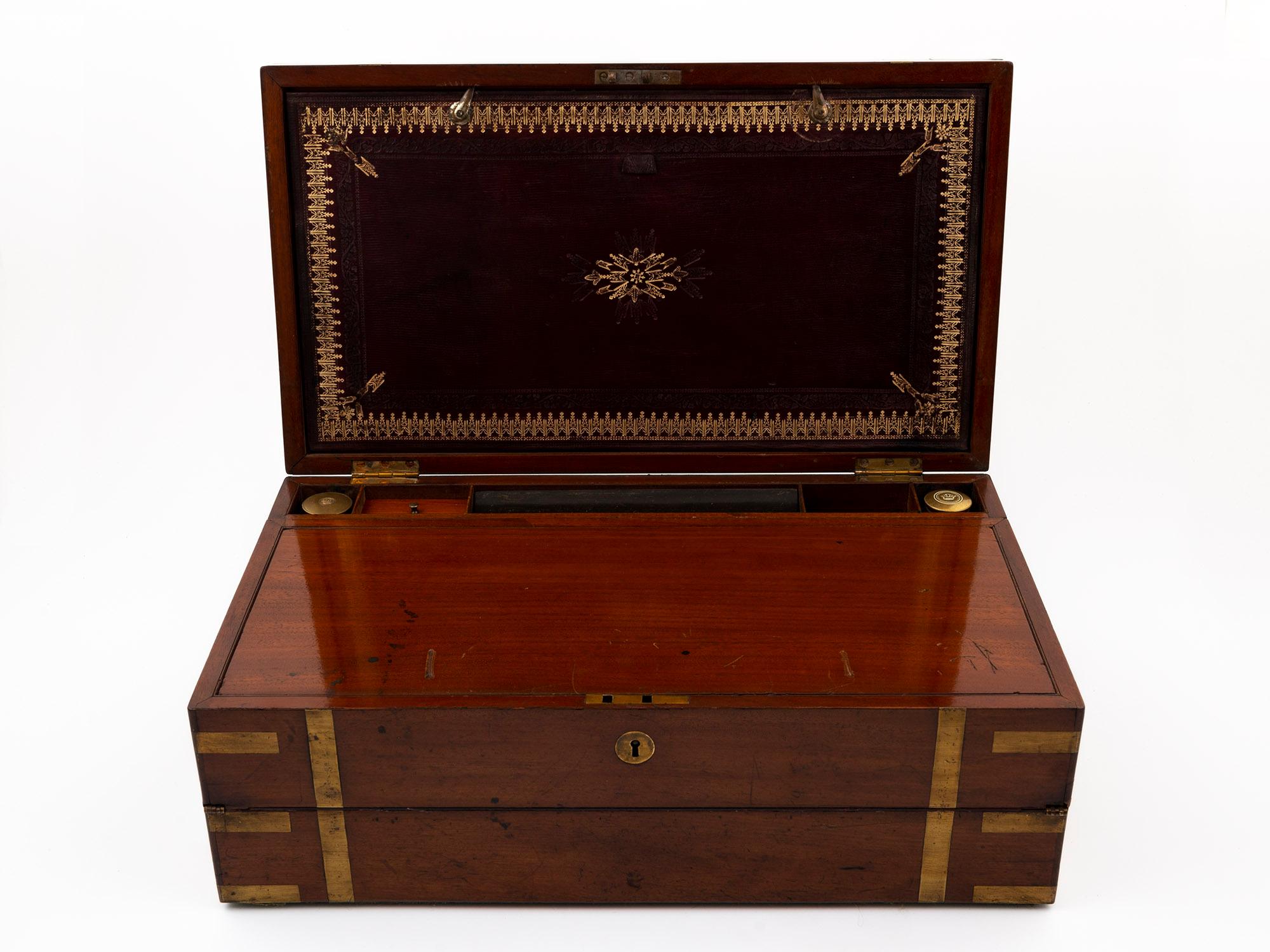 Antique Brass Strapped Mahogany Writing Box For Sale 1