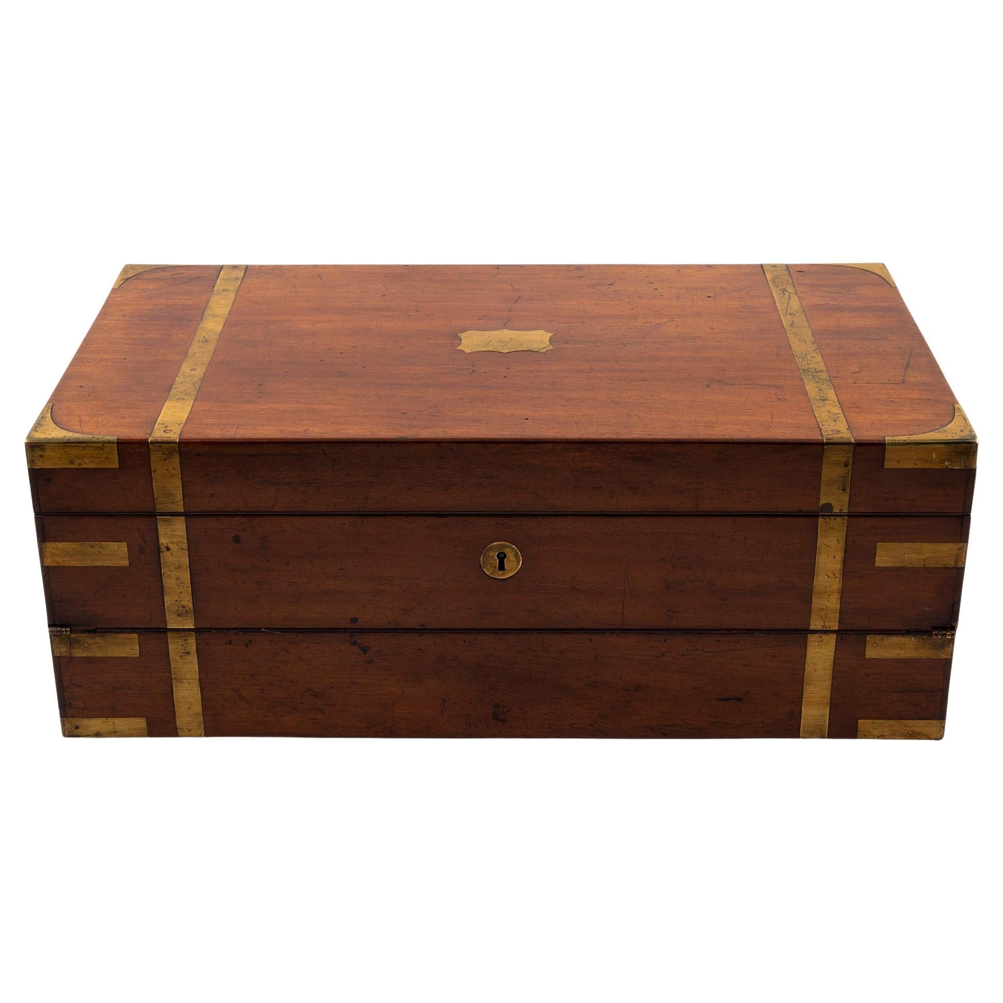 Antique Brass Strapped Mahogany Writing Box