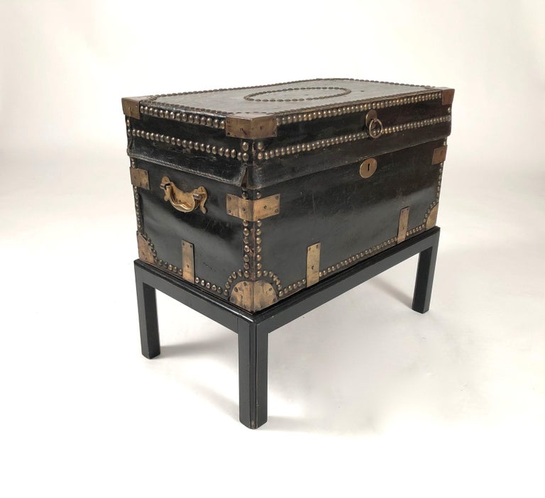 Brass Stud Decorated Leather Sea Captain's Chest on Stand, circa 1810