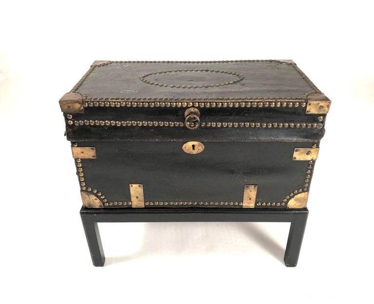 Brass Stud Decorated Leather Sea Captain's Chest on Stand, circa 1810