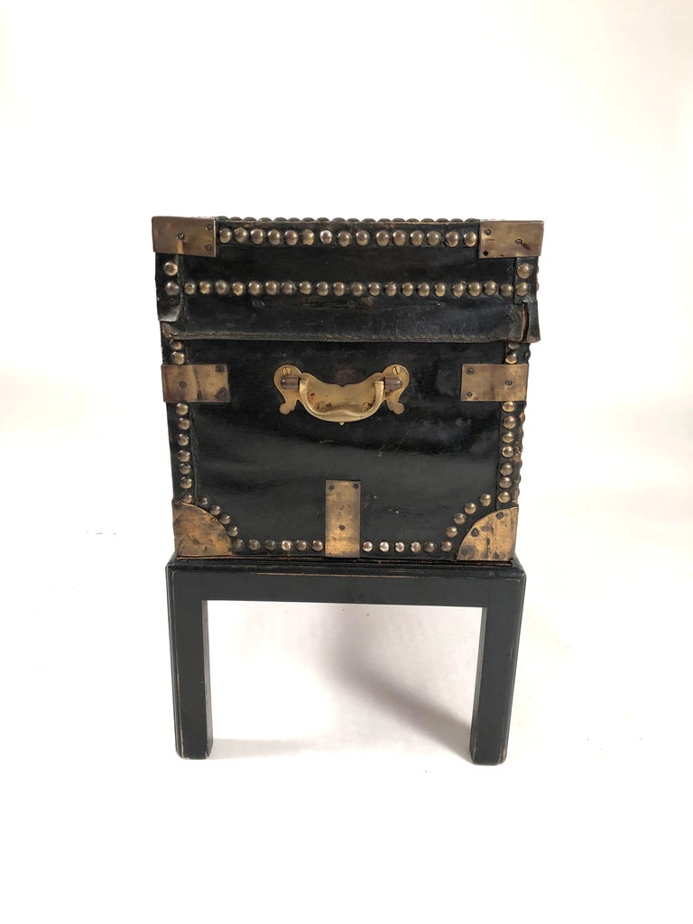 Brass Stud Decorated Leather Sea Captain's Chest on Stand, circa 1810