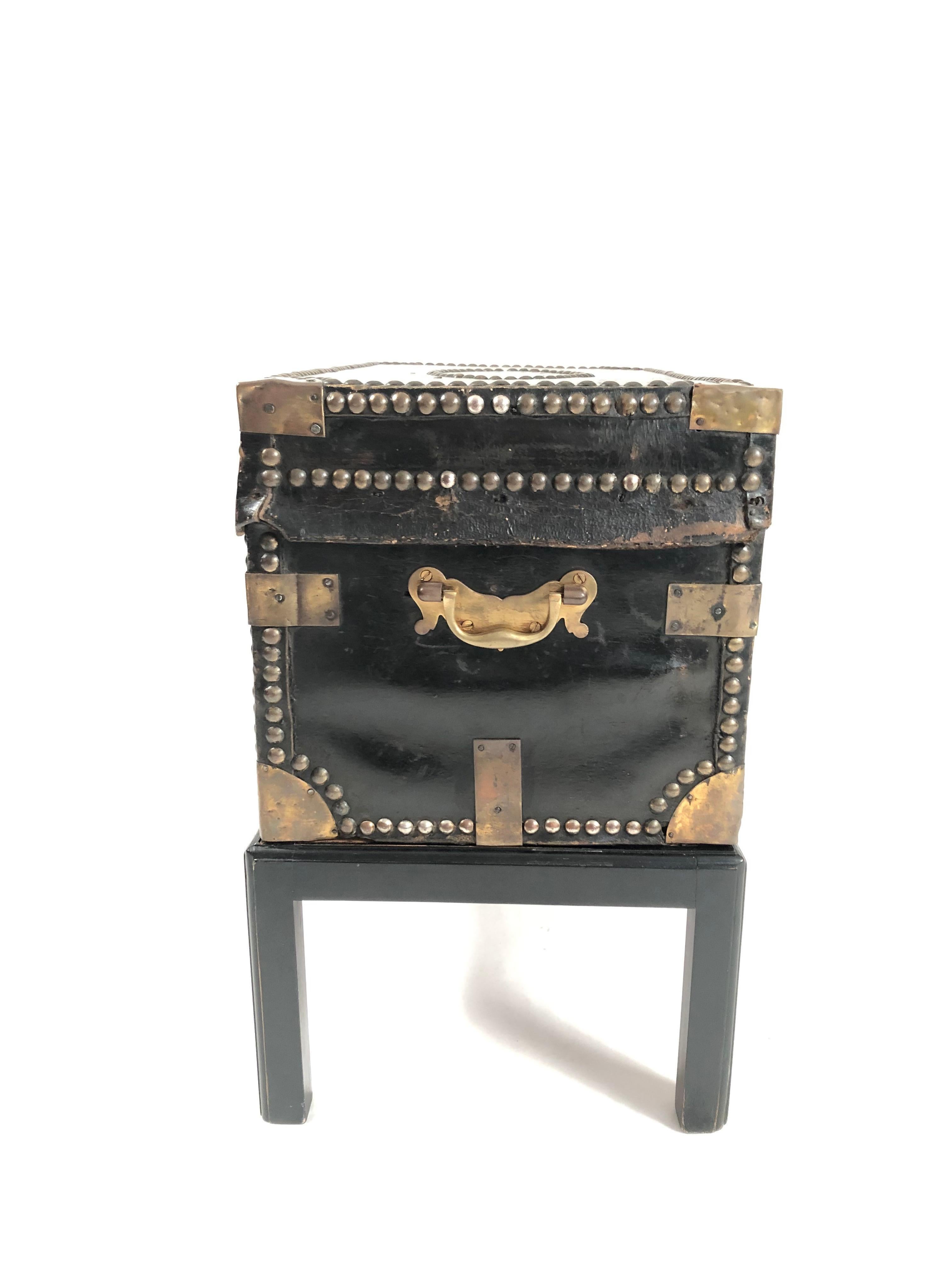 Regency Brass Stud Decorated Leather Sea Captain's Chest on Stand, circa 1810-1820