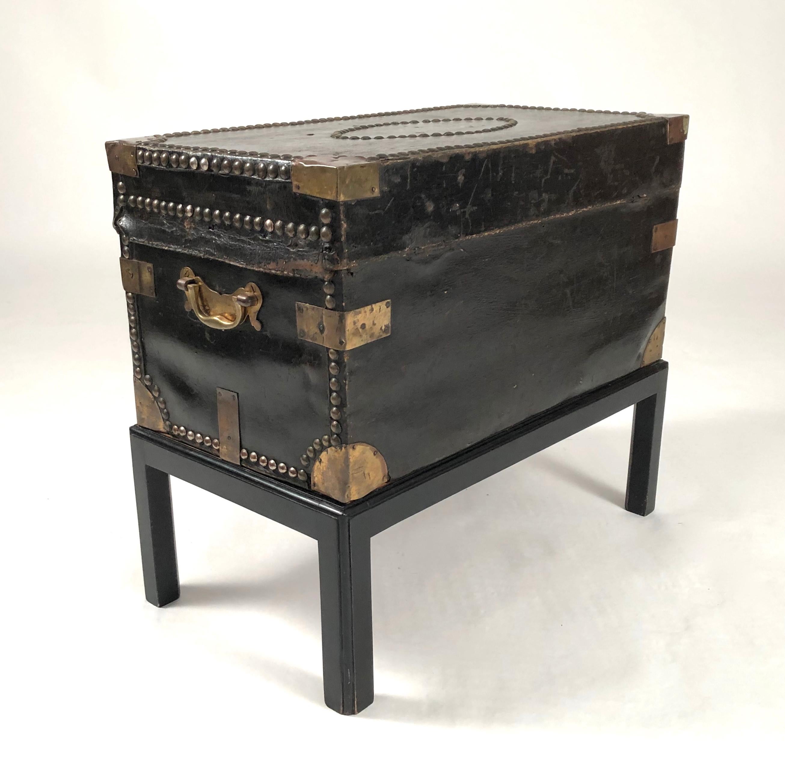 English Brass Stud Decorated Leather Sea Captain's Chest on Stand, circa 1810-1820