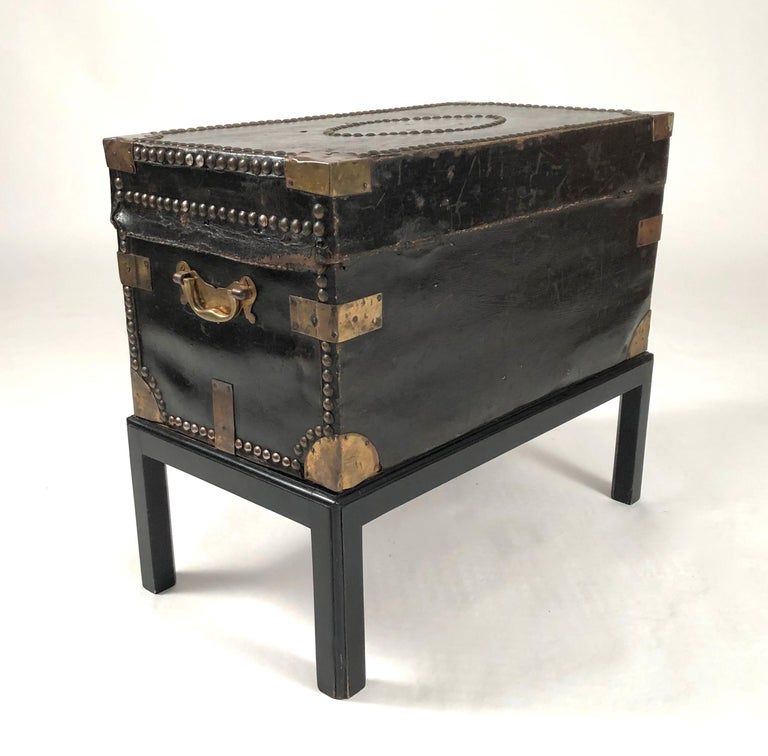 Brass Stud Decorated Leather Sea Captain's Chest on Stand, circa 1810