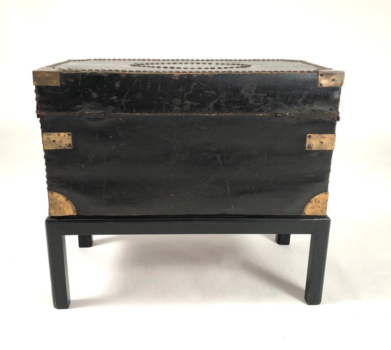 Brass Stud Decorated Leather Sea Captain's Chest on Stand, circa 1810