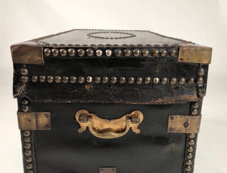 Brass Stud Decorated Leather Sea Captain's Chest on Stand, circa 1810