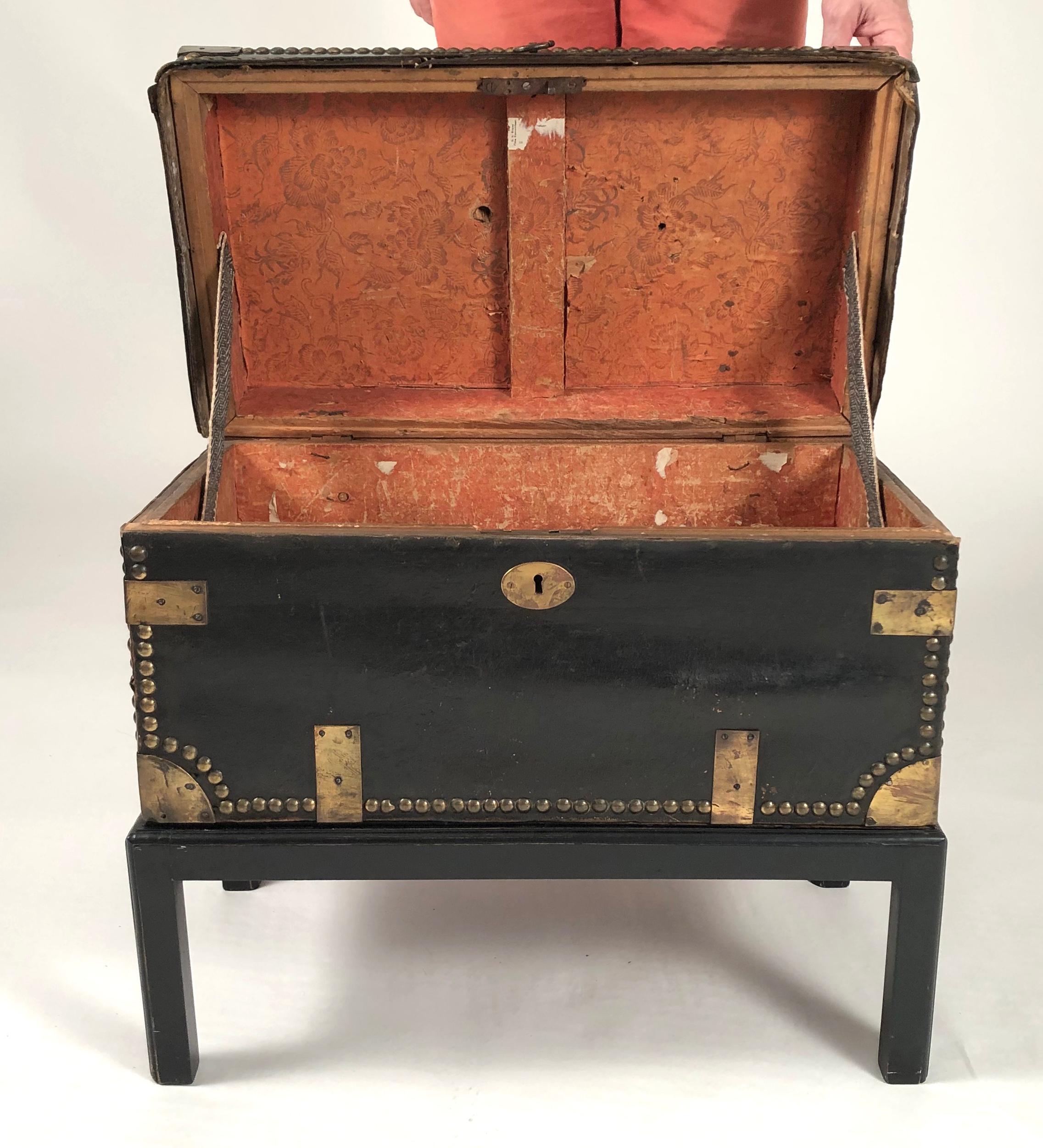 19th Century Brass Stud Decorated Leather Sea Captain's Chest on Stand, circa 1810-1820