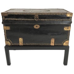 Antique Brass Stud Decorated Leather Sea Captain's Chest on Stand, circa 1810-1820