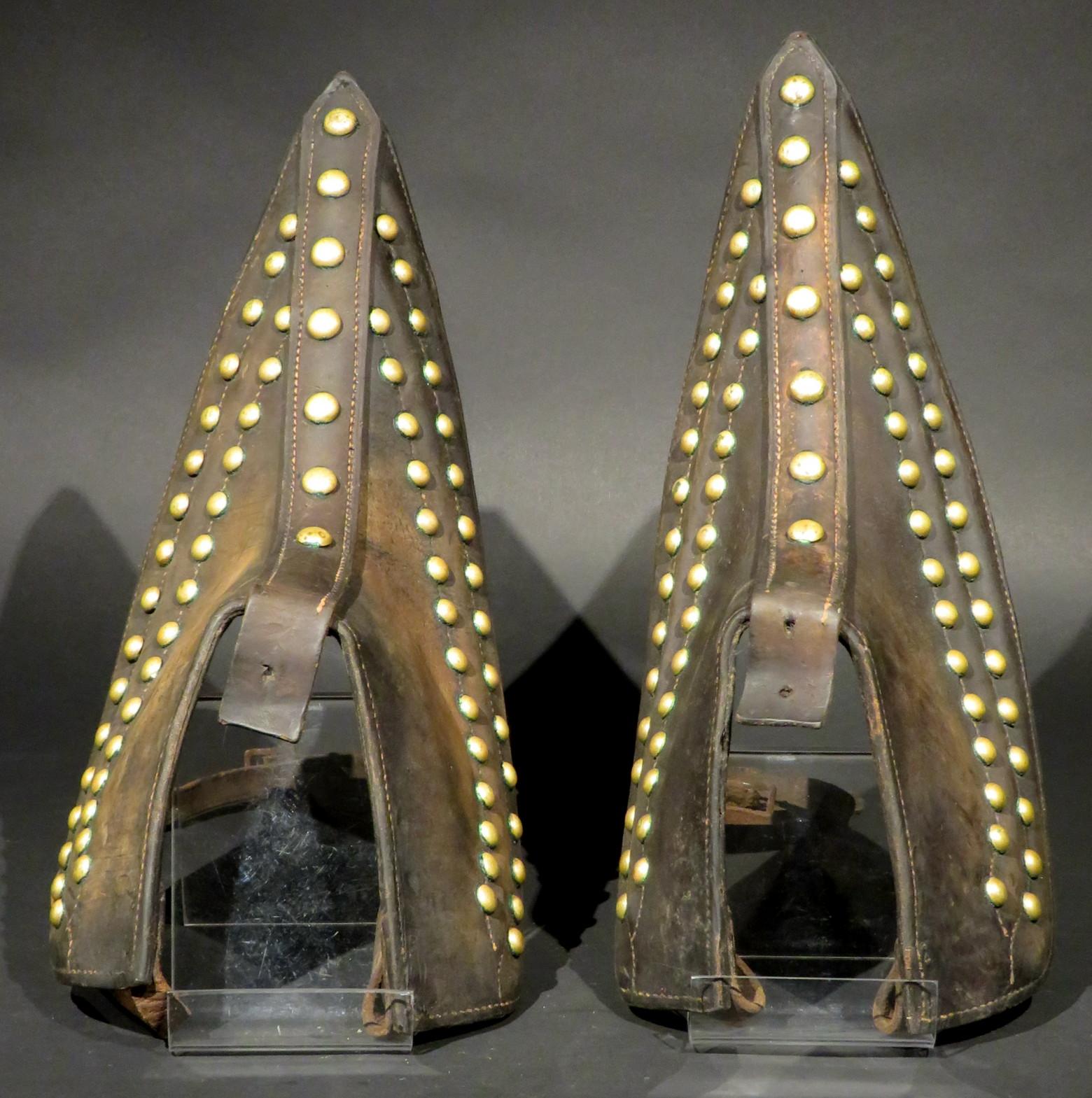 20th Century Pair of Brass Studded Leather Tapaderos, Western United States, circa 1930 For Sale