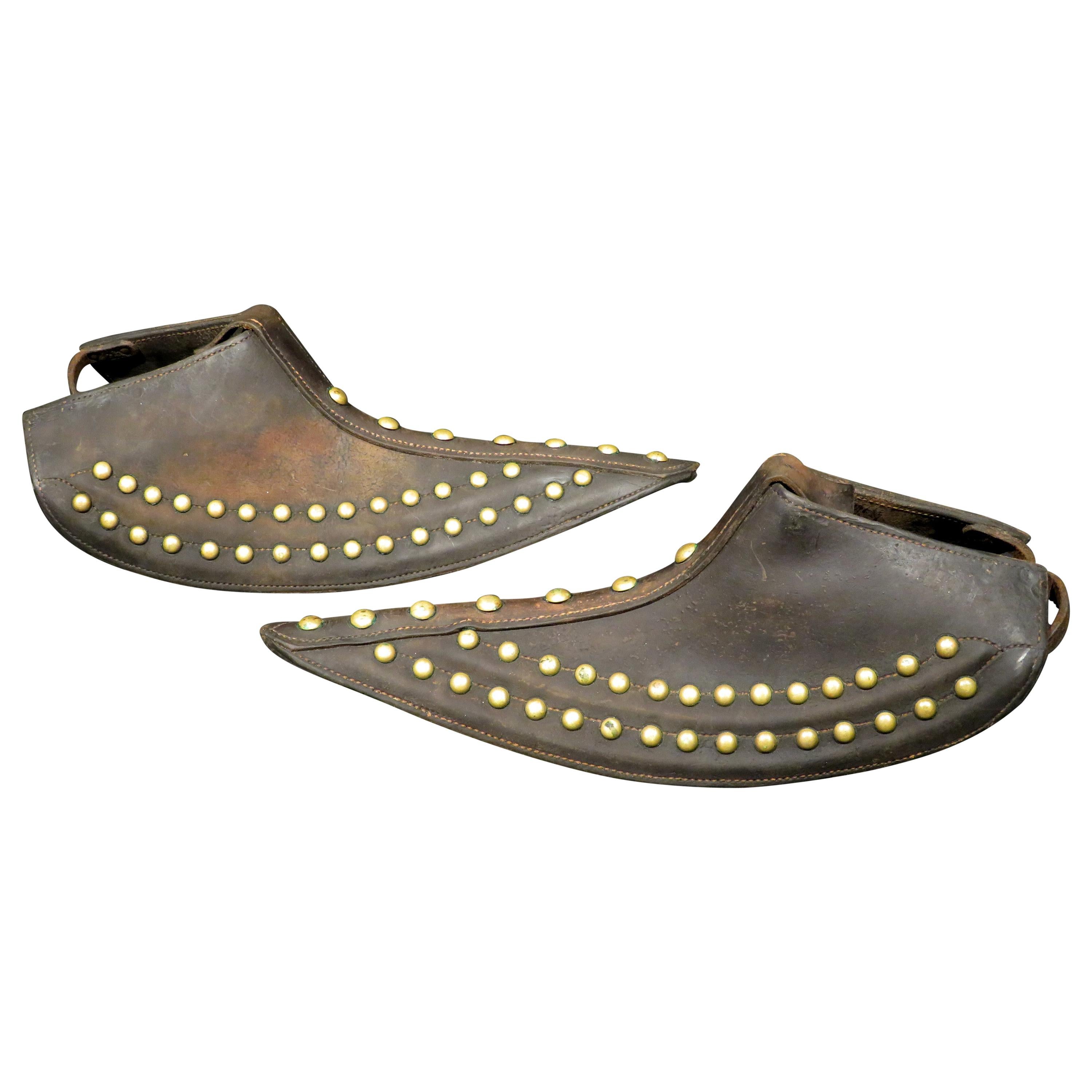 Pair of Brass Studded Leather Tapaderos, Western United States, circa 1930 For Sale