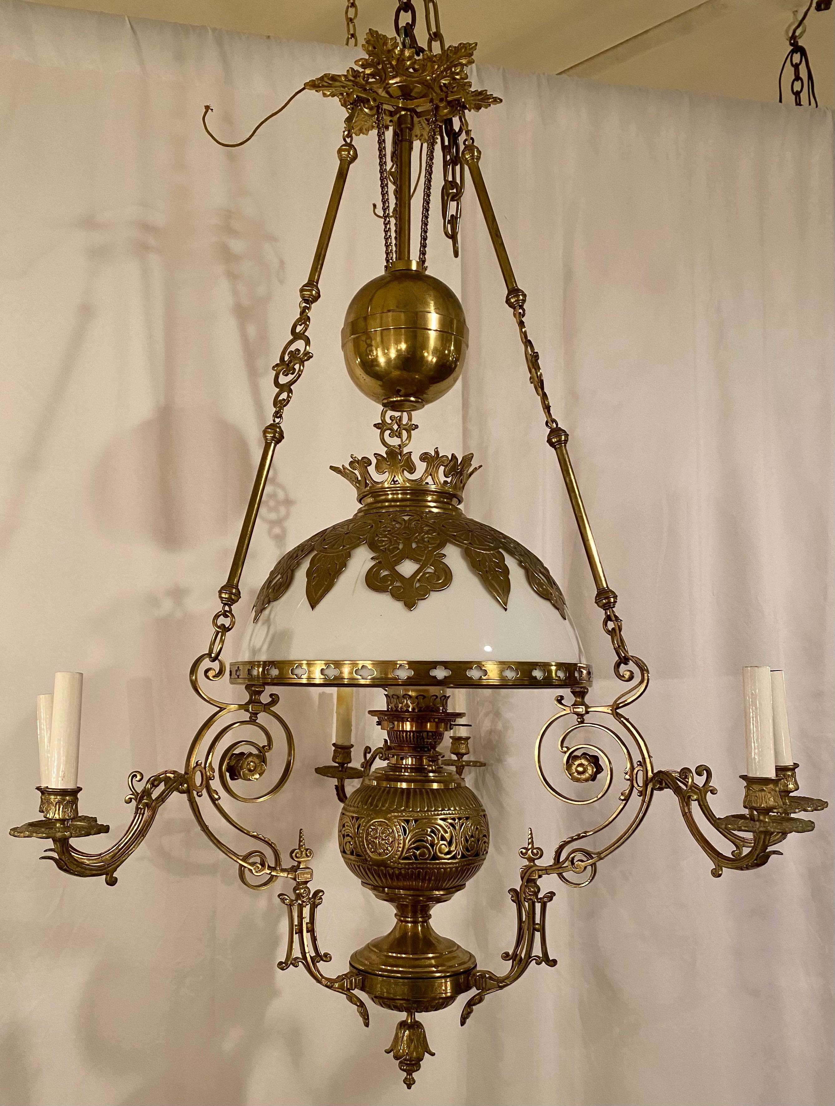 Antique brass suspension oil lamp chandelier, Circa 1860-1880.
CHB237.