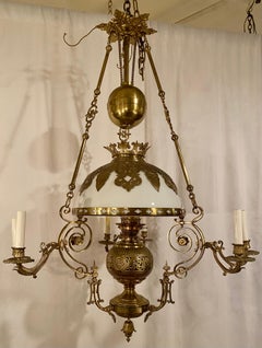 Antique Brass Suspension Oil Lamp Chandelier, Circa 1860-1880