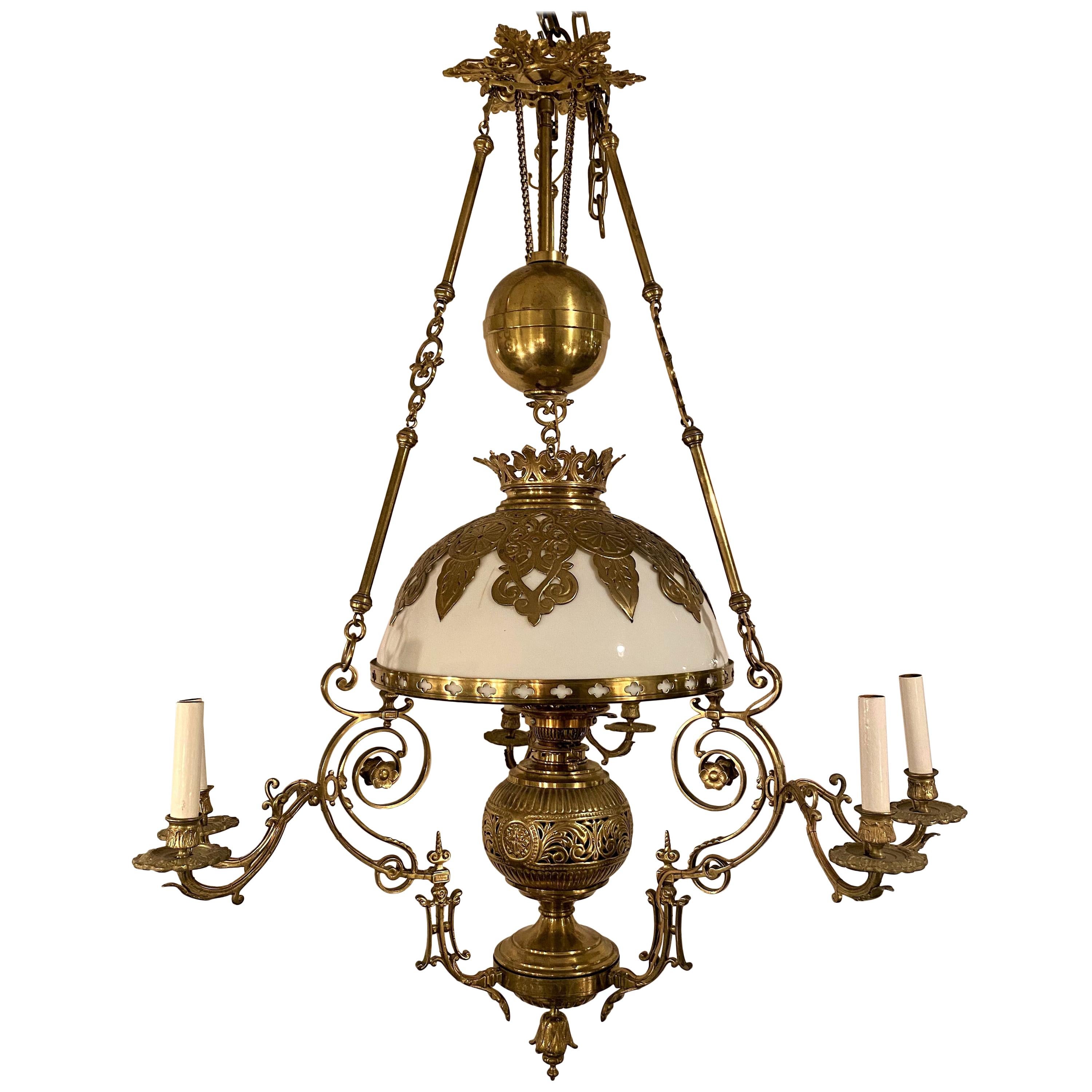 Antique Brass Suspension Oil Lamp Chandelier, Circa 1860-1880