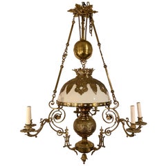 Used Brass Suspension Oil Lamp Chandelier, Circa 1860-1880