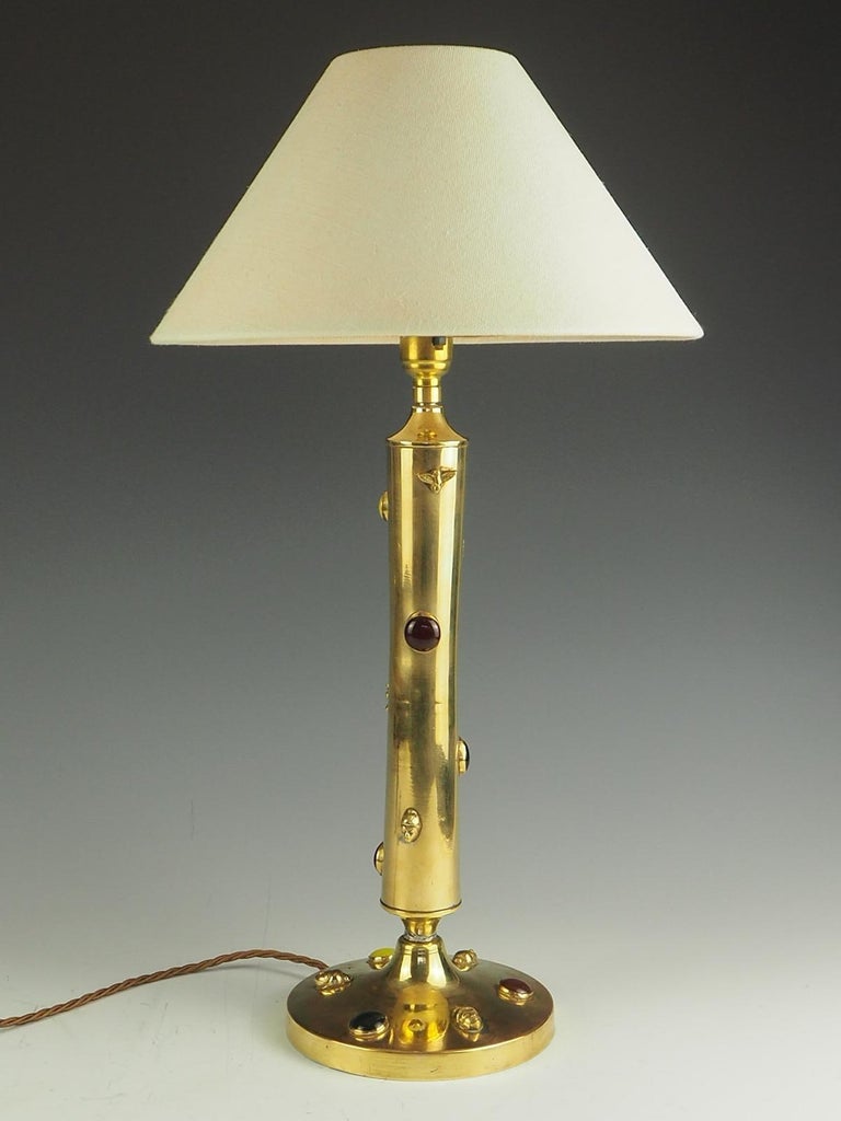 Antique Brass Table Lamp with Cabouchon Stones For Sale at 1stDibs