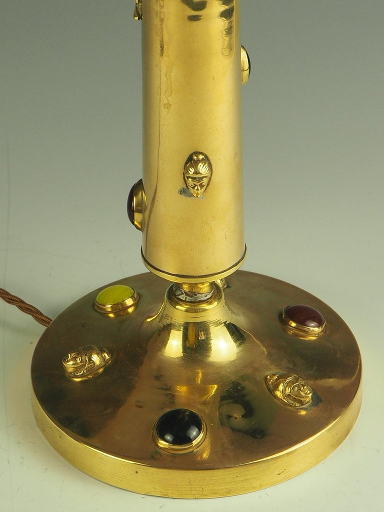 Antique Brass Table Lamp with Cabouchon Stones For Sale at 1stDibs