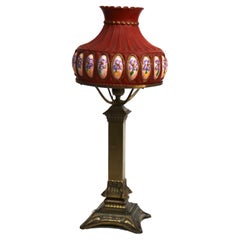 Antique Brass Table Lamp with Floral Paneled Embossed Shade C1910