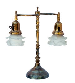 Antique Brass Table Lamp with Satin Glass Shades