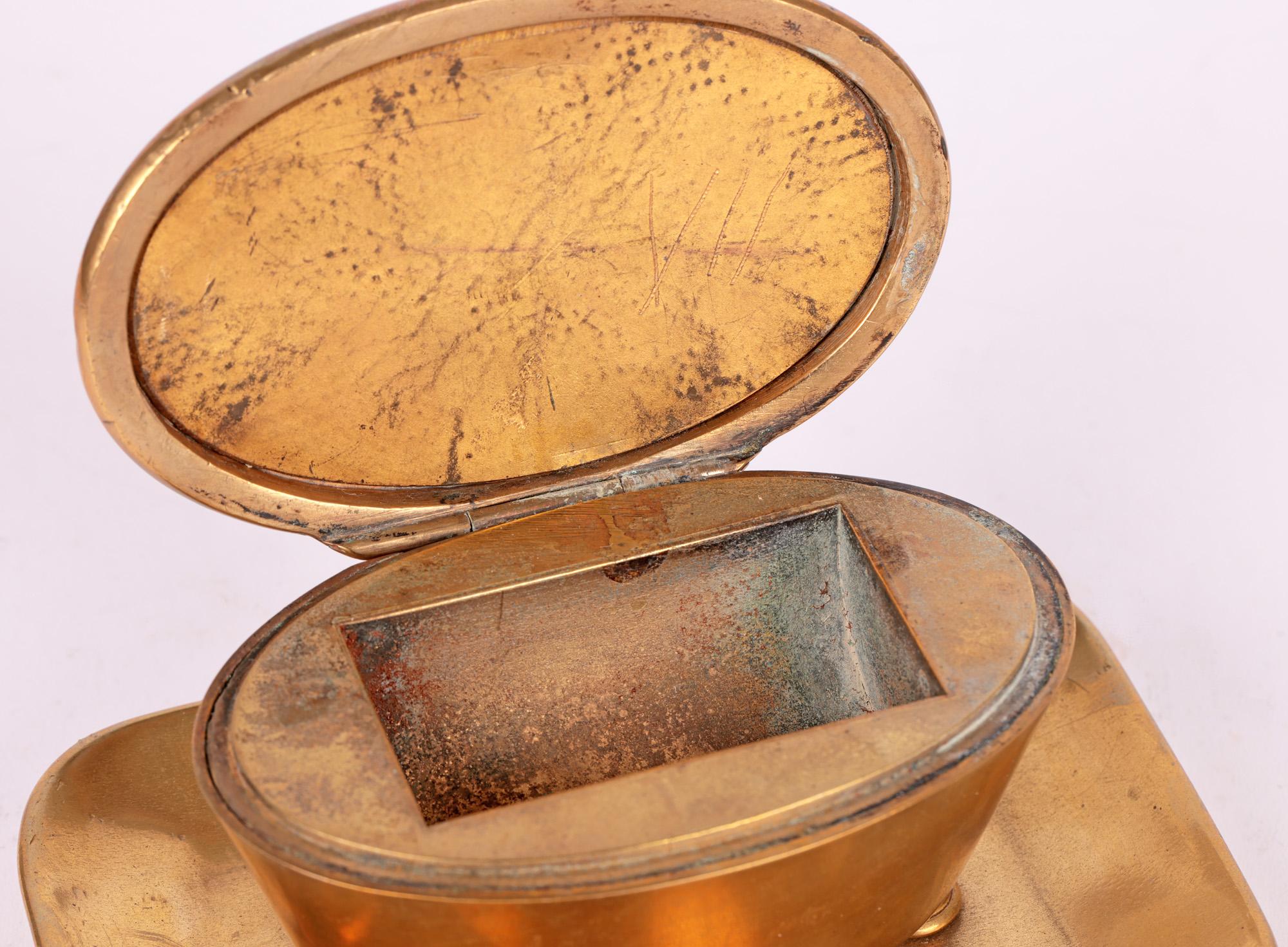 Antique Brass Table Vesta with Novelty Enameled Figure For Sale 1