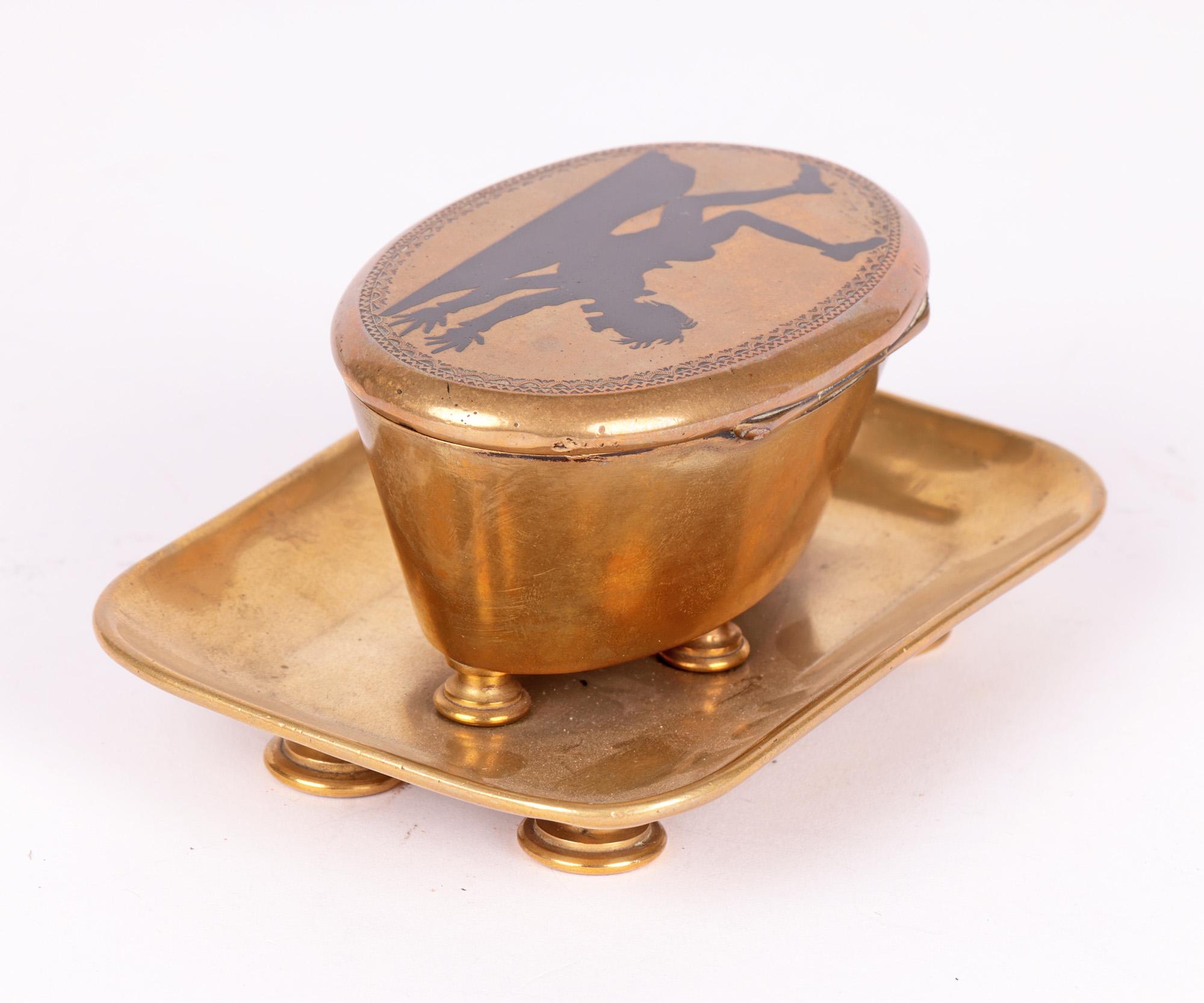 Antique Brass Table Vesta with Novelty Enameled Figure For Sale 2