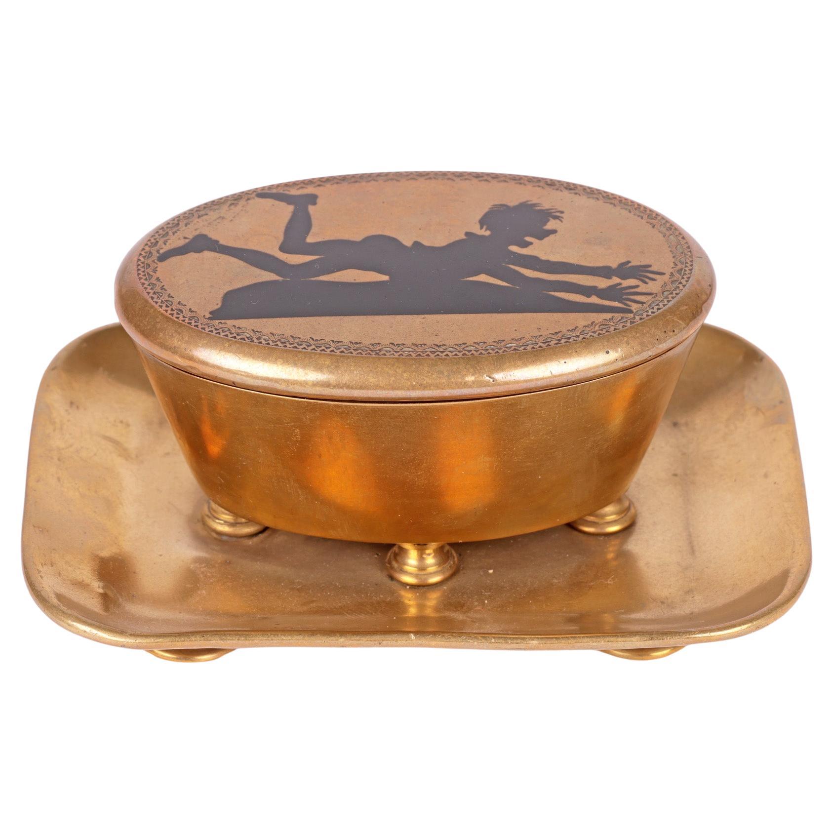 Antique Brass Table Vesta with Novelty Enameled Figure For Sale