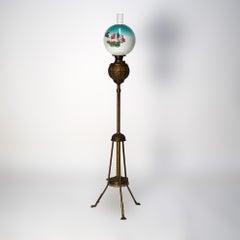 Antique Brass Telescoping Piano Oil Lamp & Hand Painted Floral Shade c1890