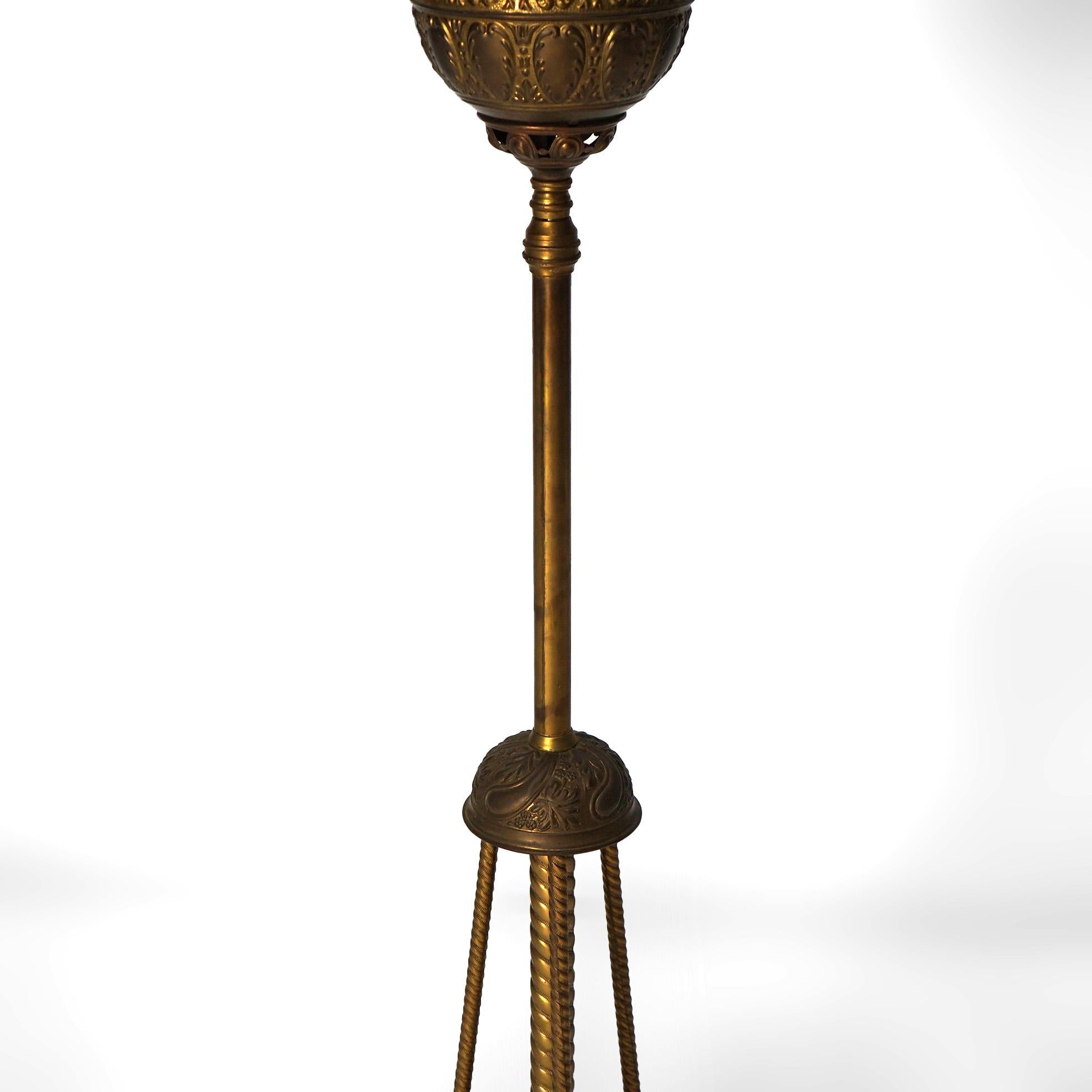 Hand-Painted Antique Brass Telescoping Piano Oil Lamp & Hand Painted Floral Shade c1890 For Sale
