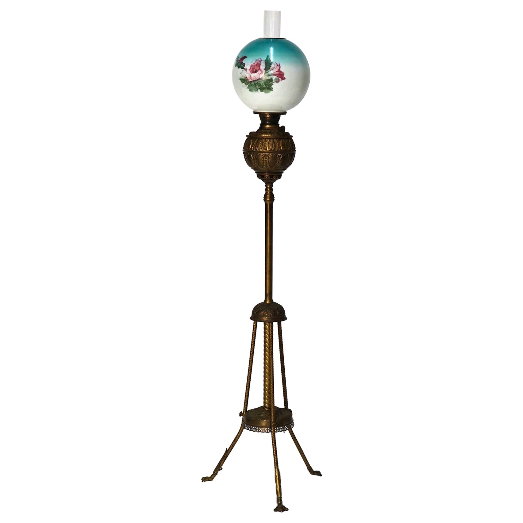 Antique Brass Telescoping Piano Oil Lamp & Hand Painted Floral Shade c1890 For Sale
