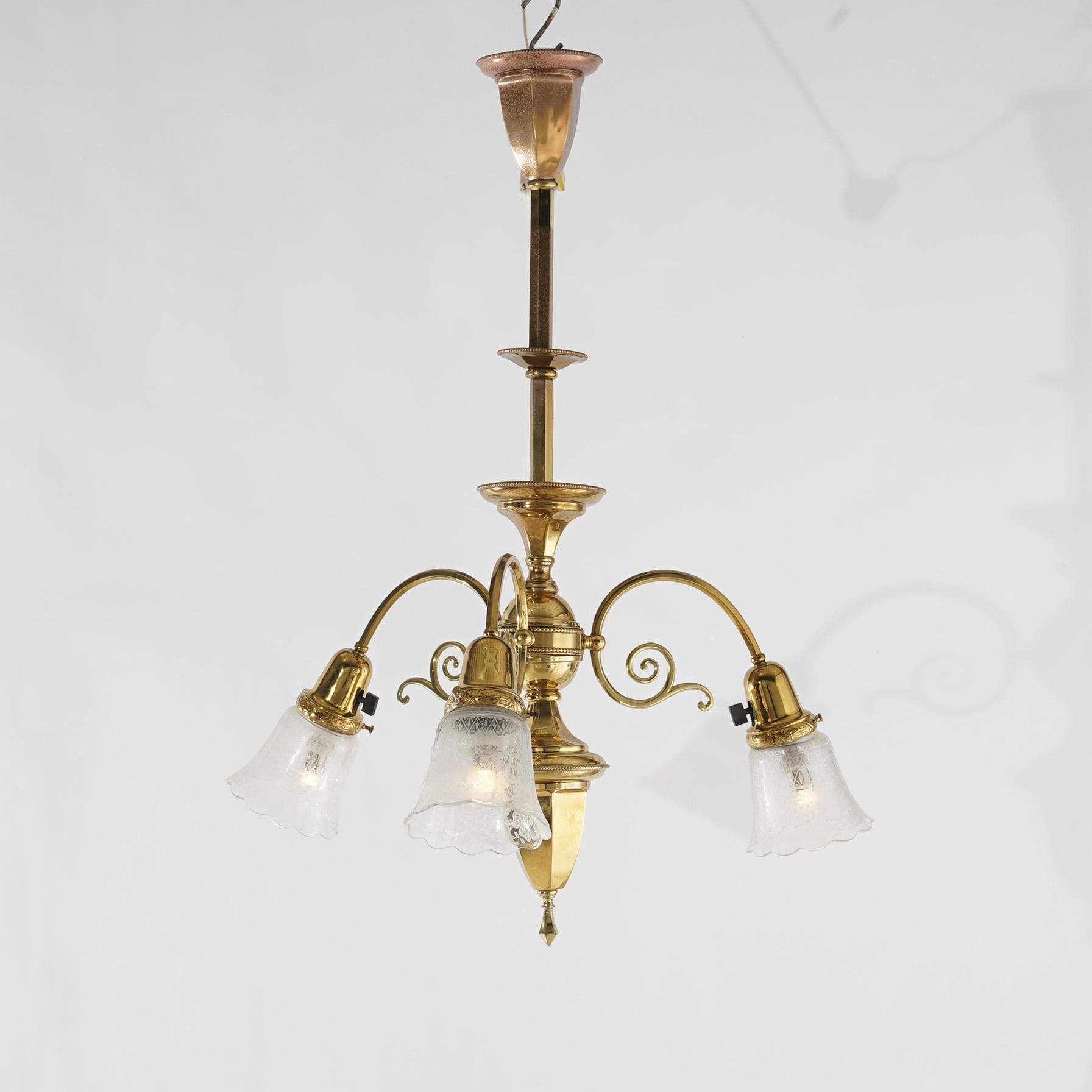 American Antique Brass Three Light Hanging Fixture Circa 1920 For Sale