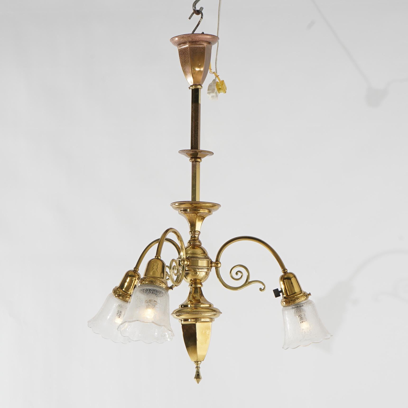 Antique Brass Three Light Hanging Fixture Circa 1920 In Good Condition For Sale In Big Flats, NY