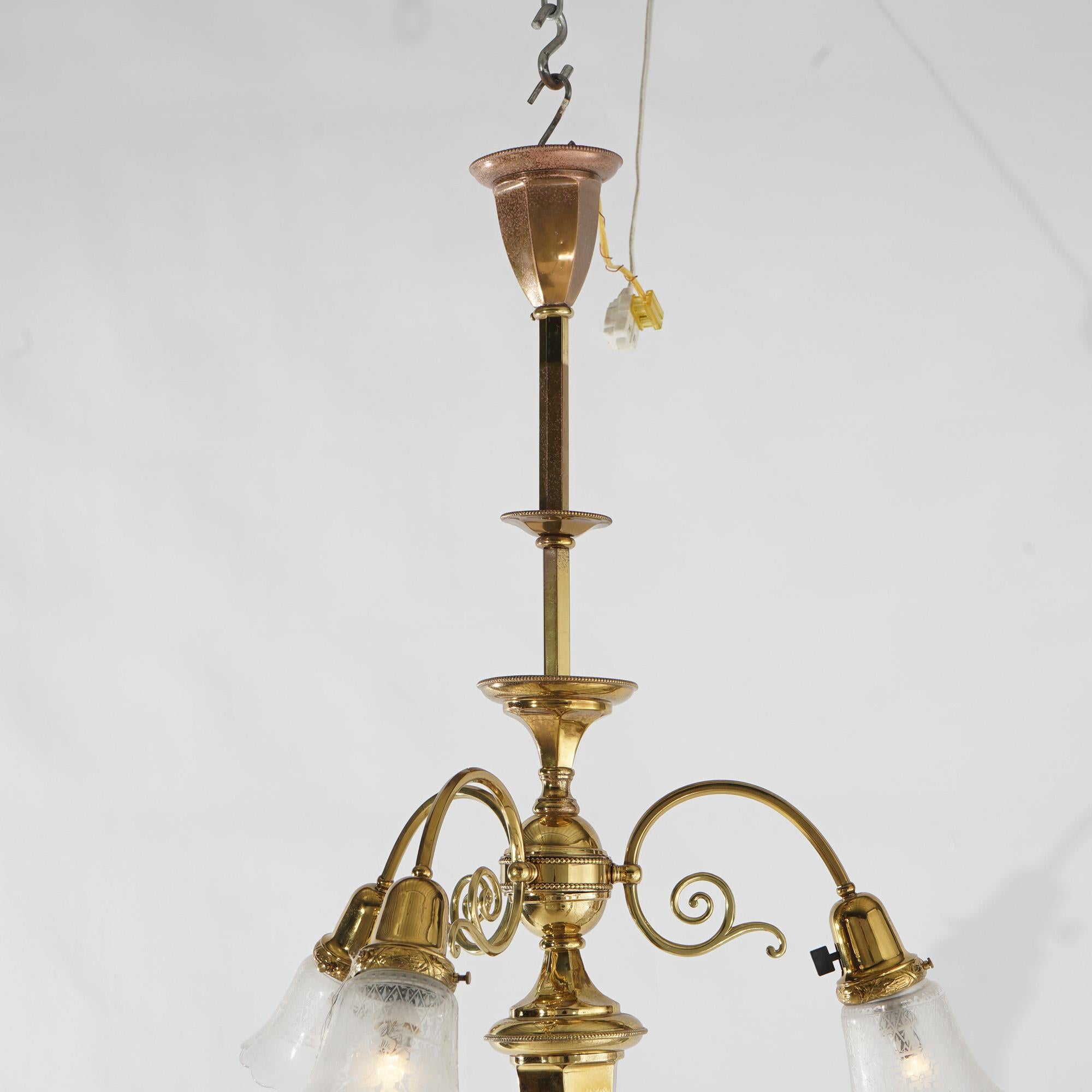 20th Century Antique Brass Three Light Hanging Fixture Circa 1920 For Sale
