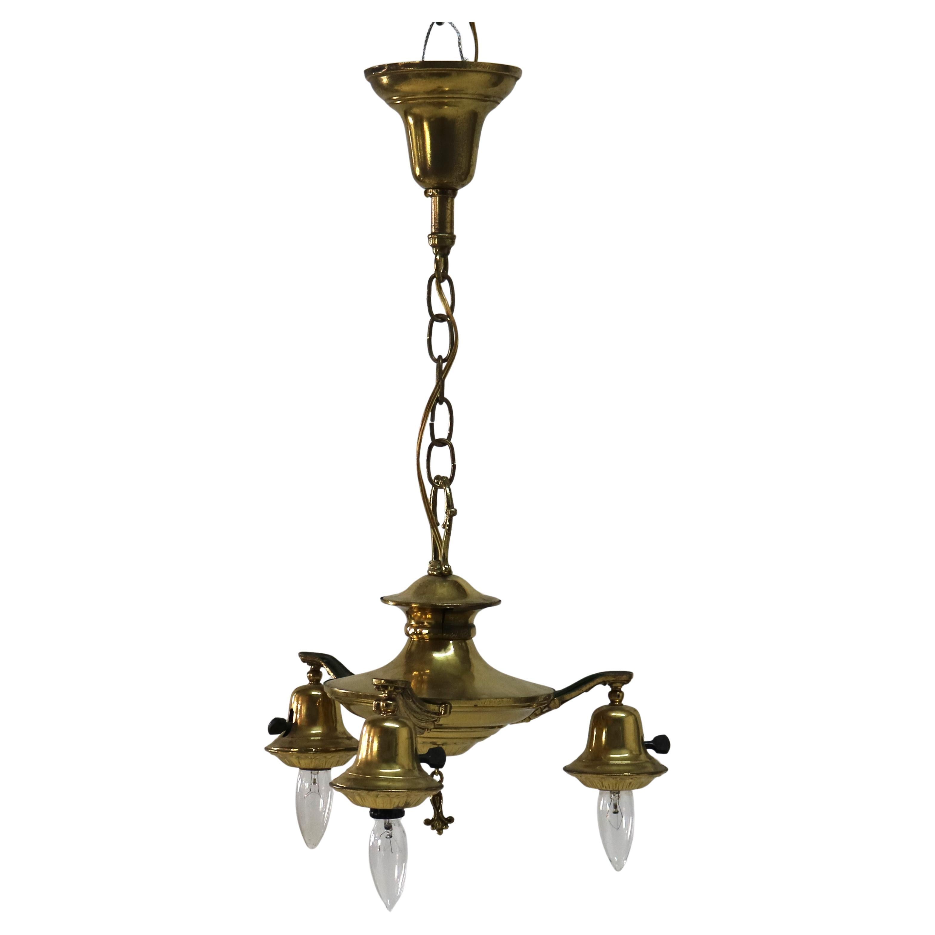 Antique Brass Three Light Hanging Hall Fixture C1920