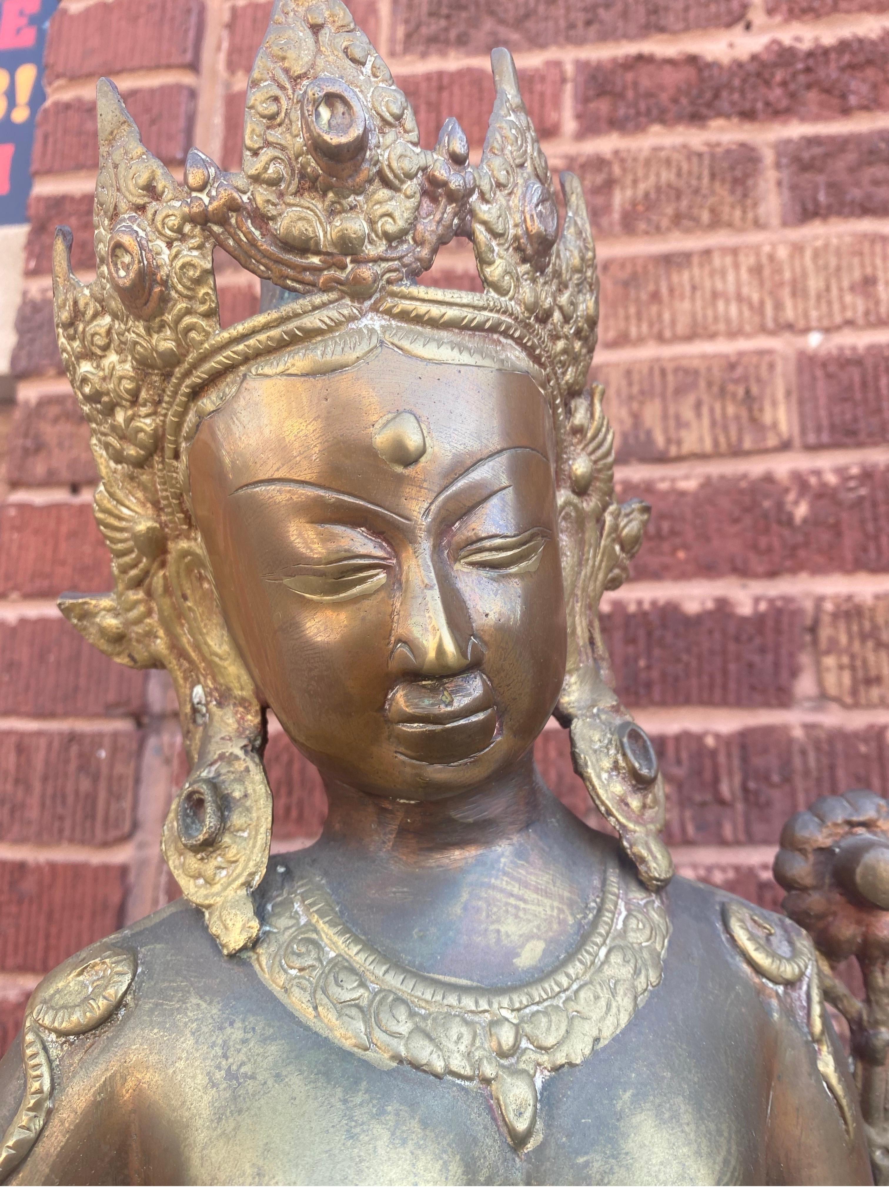 Antique Brass Tibetan Tara Buddhist Goddess Statue For Sale 1
