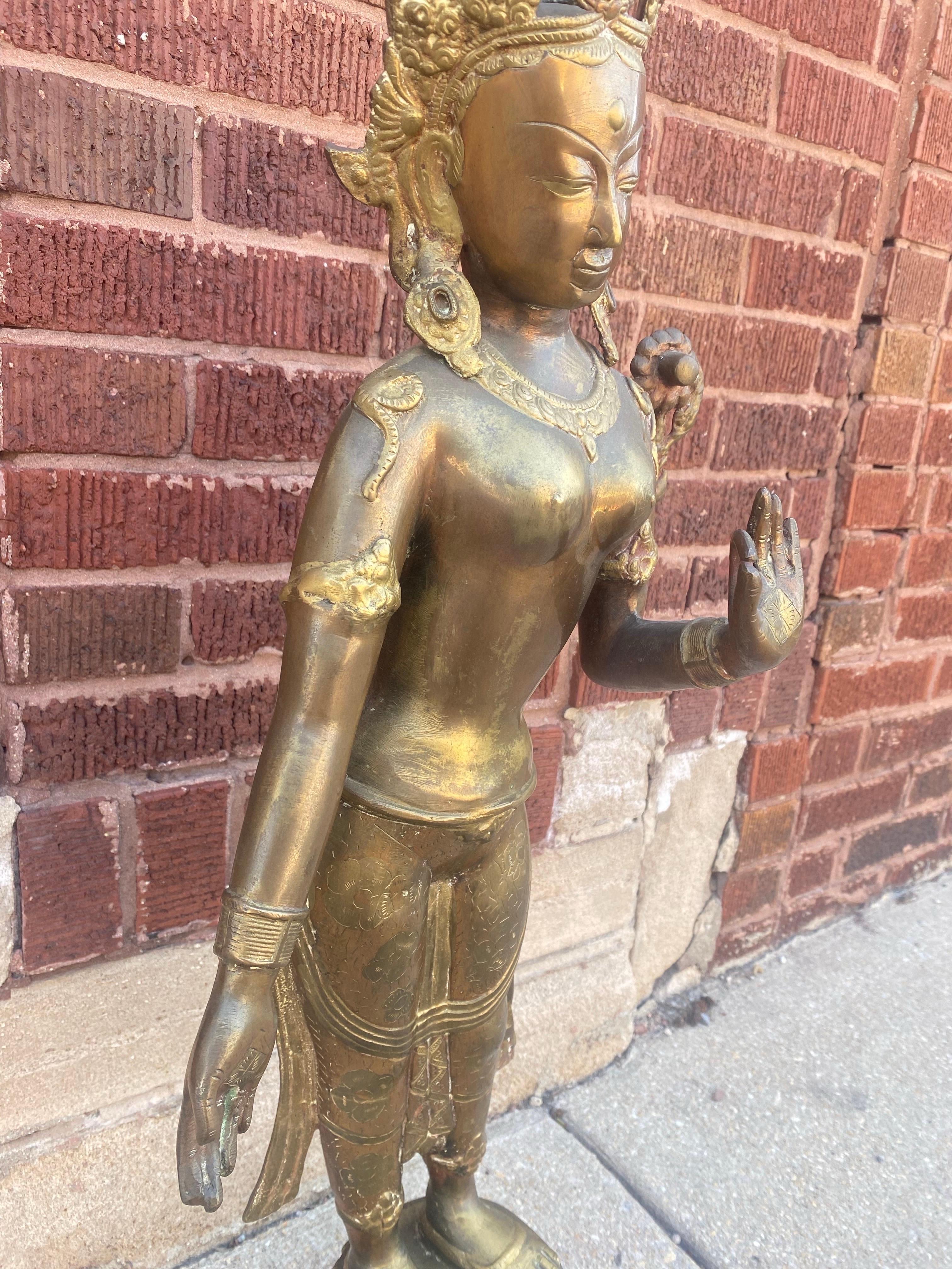Antique Brass Tibetan Tara Buddhist Goddess Statue For Sale 4