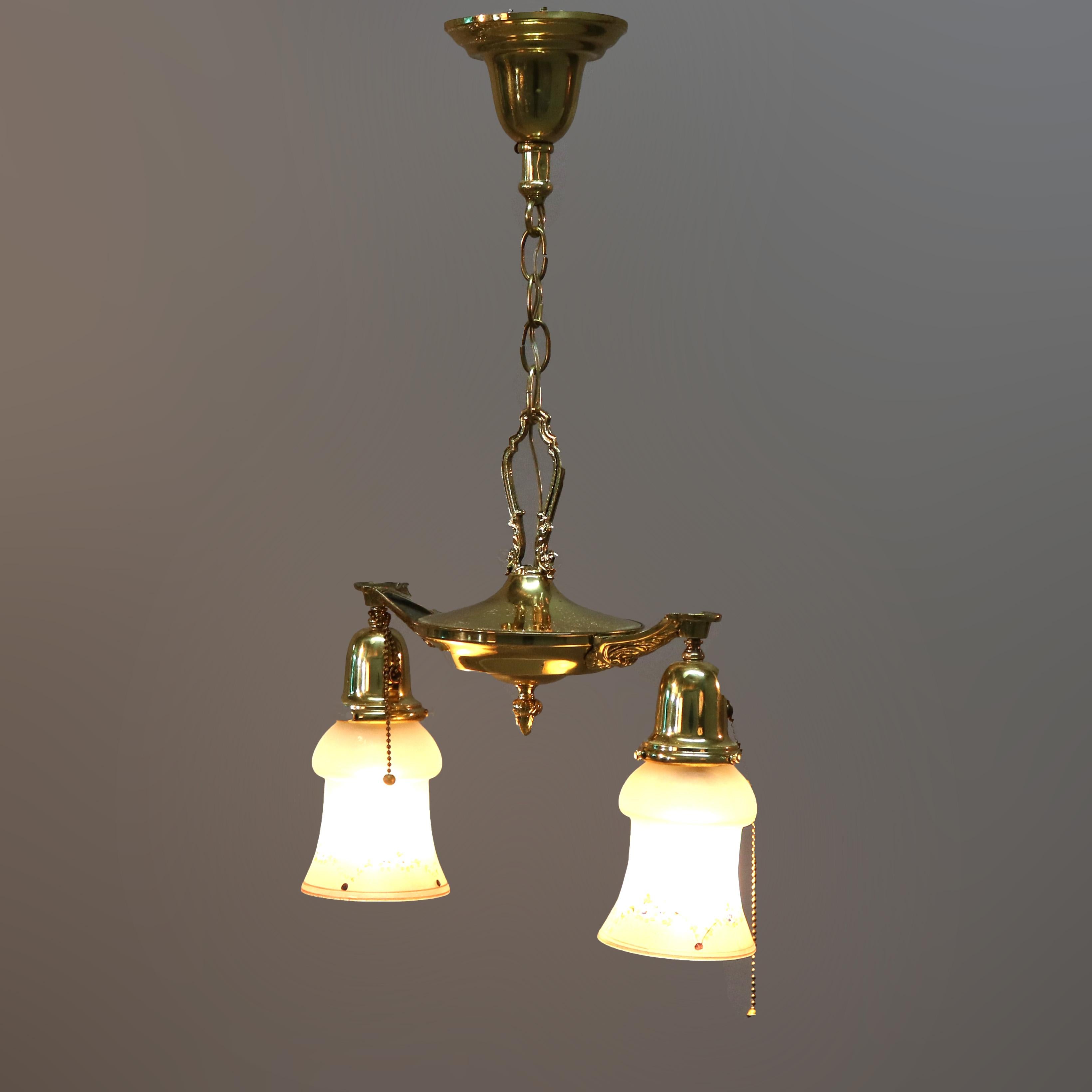 Cast Antique Brass Two Drop-Light Hanging Ceiling Fixture, Circa 1920 For Sale