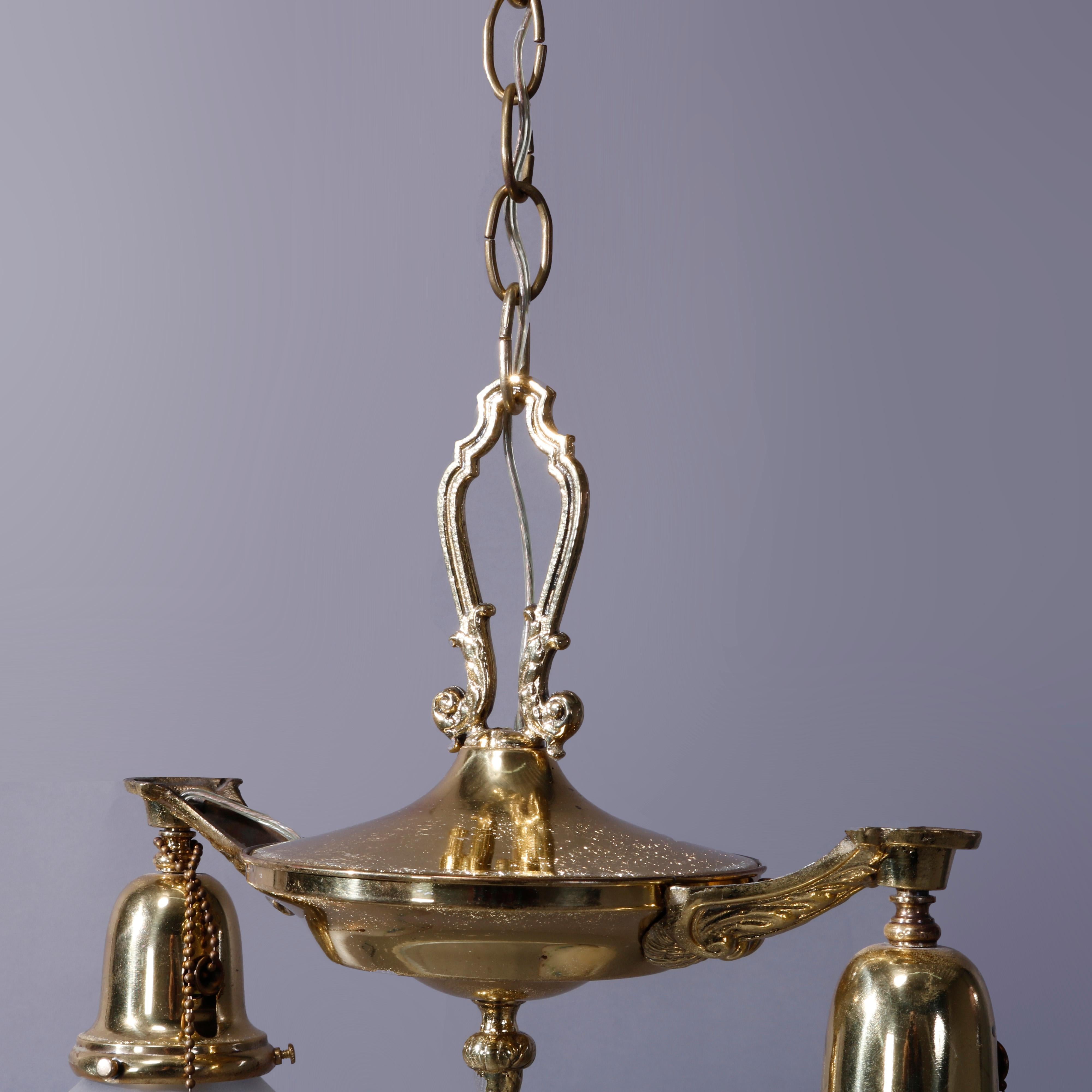 Antique Brass Two Drop-Light Hanging Ceiling Fixture, Circa 1920 In Good Condition For Sale In Big Flats, NY